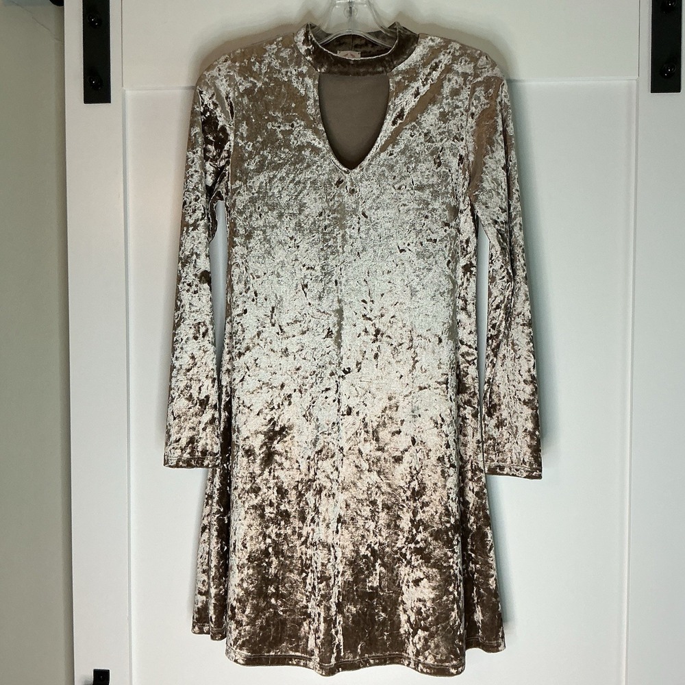 Wanna B Crushed‎ Velvet Dress Womens Small Golden Brown Wimsigoth Witchy Fairy